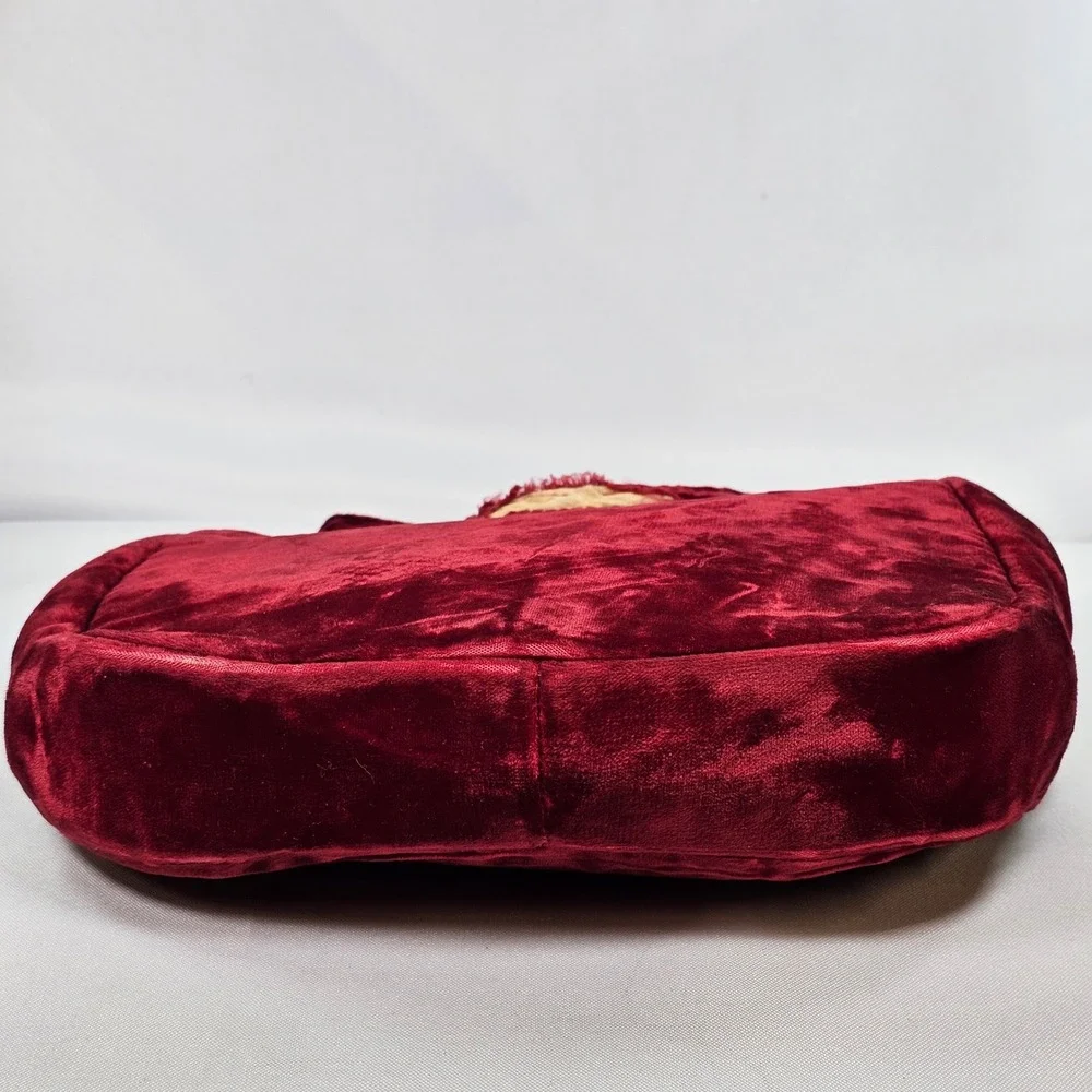 Vintage 40s Red Velvet‎ Kiss Lock Handbag Evening Bag Top Handle Red Distressed